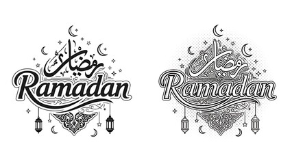Ramadan Kareem Arabic Calligraphy with Islamic Lanterns and Crescent Moon Designs, Celebrating the Holy Month