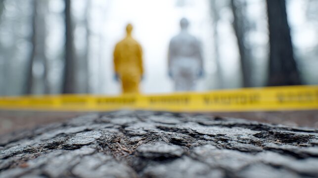 Two forensic scientists in protective suits are working at a crime scene in a forest, standing near caution tape, with the focus on the rough texture of a tree trunk in the foreground - Powered by Adobe