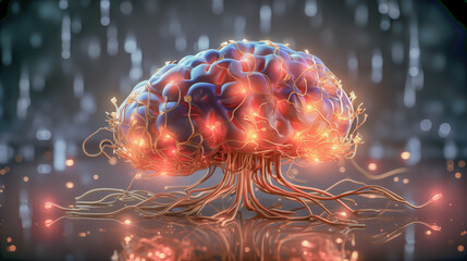 AI人口頭脳の思考の輝きとサイバーストーリーイメージ