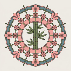 Vibrant floral mandala with bamboo and cherry blossoms