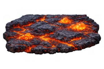 Molten lava flowing over dark volcanic rock with glowing orange magma bubbles breaking through the cooled crust, transparent background