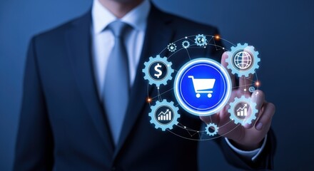 Businessman Interacting with E-commerce Interface, Digital Shopping Cart, Financial Growth, and Global Connectivity Concept