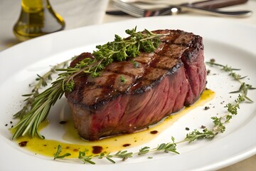 Closeup of a gourmet dinner plate with a steak, vegetables and potatoes