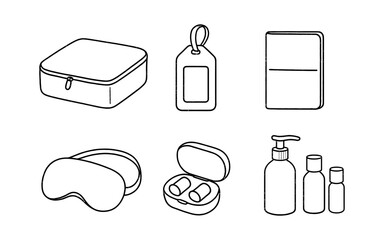 Collection of travel accessories and toiletries in a simple line art style