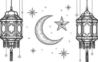 Intricate Hand Drawn Islamic Decoration Featuring Two Detailed Lanterns with Tassels and a Crescent Moon Surrounded by Stars for Ramadan Kareem and Eid Mubarak Religious Vector Art © MdJillur