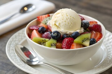 Vanilla ice cream with fresh strawberries and blueberry.