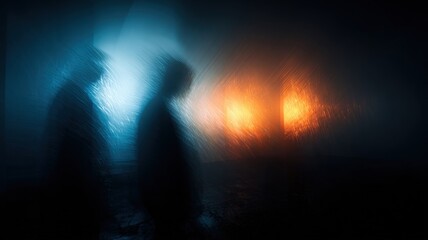 Obraz premium Abstract Figures in a Blurred Scene with Blue and Orange Lights Evoking Mystery