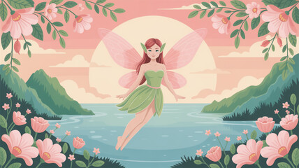 Whimsical fairy floating over serene lake surrounded by pink flowers and lush greenery