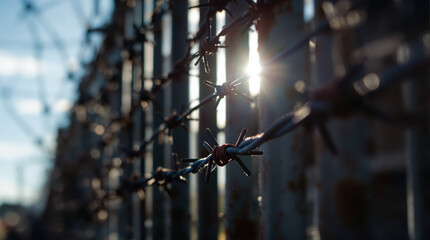Wire Fence with Sunlight Breaking Through