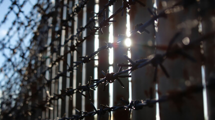 Wire Fence with Sunlight Breaking Through