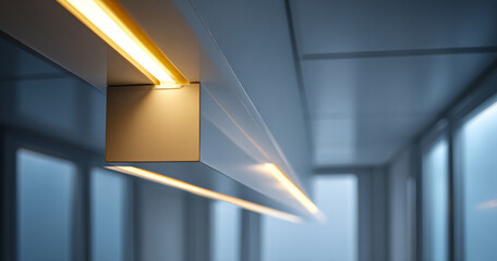 Modern interior ceiling with sleek linear LED lighting fixture in a minimalist architectural space with soft blue ambient light