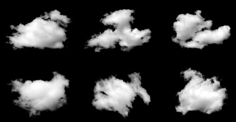 Collection of dense white fluffy clouds isolated on black background. Soft natural fog and smoke texture with volume, ideal for weather design, fantasy scenes, dramatic atmosphere, and creative cloud.