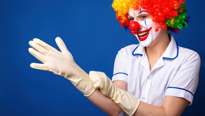 Woman in clown costume putting on white gloves against blue background