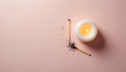 Overhead shot displays white candle, burnt matches on pink surface. Candlelight illuminates. Image promotes relaxation, warm mood. Design features candle, matches, creates soft zen atmosphere in
