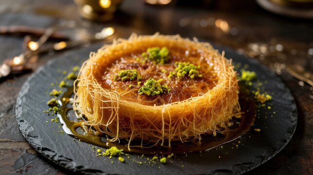 Real kadaif nests made from golden Angel Hair cookies stuffed with walnuts and pistachios.