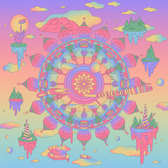 Vibrant surreal fantasy landscape with melting islands and futuristic wheel