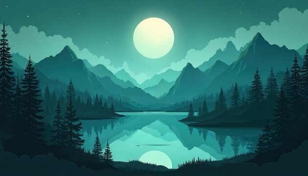 Night scene with full moon over mountains with forest reflected in lake. Nature artwork in green teal blue gradient colors. Landscape background wallpaper. Serene peaceful tranquil minimalist nature