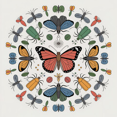Vibrant insects and butterflies in a circular pattern