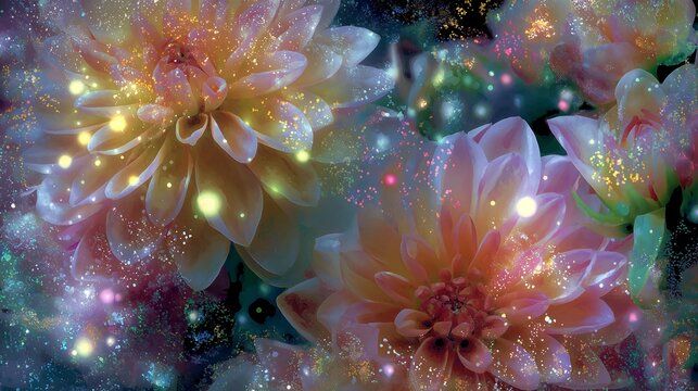 A colorful 90s-inspired floral postcard design featuring sparkles and a digital glow effect.