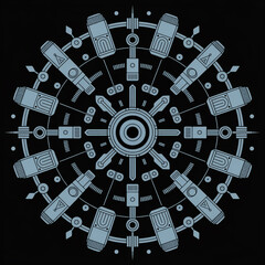 Intricate mechanical design with pistons and gears in circular pattern