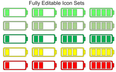 Fully Editable Battery Level Icon Set with Multiple Colors for UI and App Design