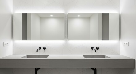 Modern minimalist bathroom with double sinks, illuminated mirrors, and sleek matte black faucets showcasing contemporary design