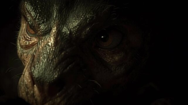 Close up of a terrifying monster with sharp fangs and glowing eyes slowly creeping out of a dark cave, baring its teeth and showing its claws in a threatening and aggressive display