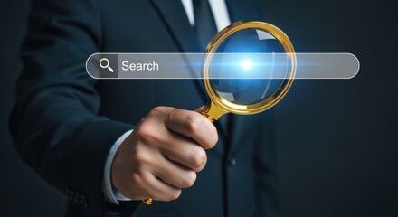 Man Holding Magnifying Glass Over Search Bar, Representing Exploration and Data Discovery