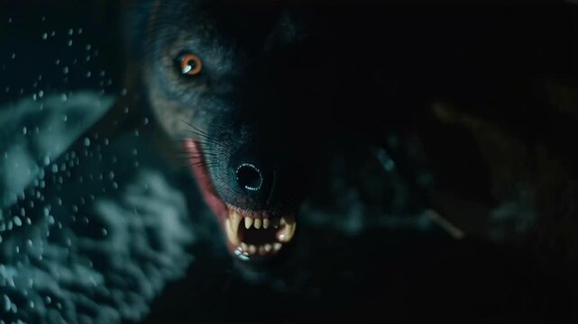 Terrifying mythical creature with sharp teeth and claws leaping out of the turbulent ocean at night. A monstrous beast, half wolf and half sea serpent, roaring aggressively from its dark lair