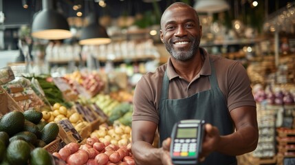 African american small business owner in apron offering card payment in a grocery store