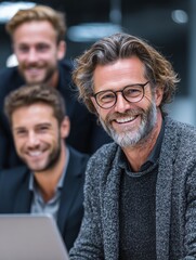 Businessmen smiling together during a collaborative meeting in the office