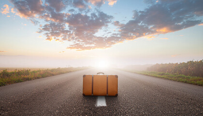 Suitcase on Endless Road Horizon