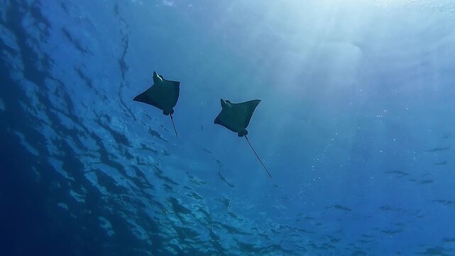Two Eagle Rays Gliding Silently Beneath the Ocean Surface with Sun Rays.
