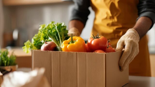 Closeup of hands in gloves holding a box of assorted fresh vegetables in a kitchen setting. The image highlights healthy lifestyle choices and the trend of home grocery delivery services