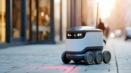 Futuristic delivery robot autonomously travels along city street, reflecting advancements in robotics, smart city solutions. Scene highlights urban innovation, contactless delivery trends