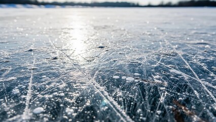 Closeup of wild ice surface with many skate blade marks, a concept for winter sport, recreation and outdoor activity