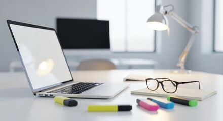 Naklejka premium Modern Workspace Featuring Laptop, Monitor, Stationery, and Table Lamp for Remote Work Concepts