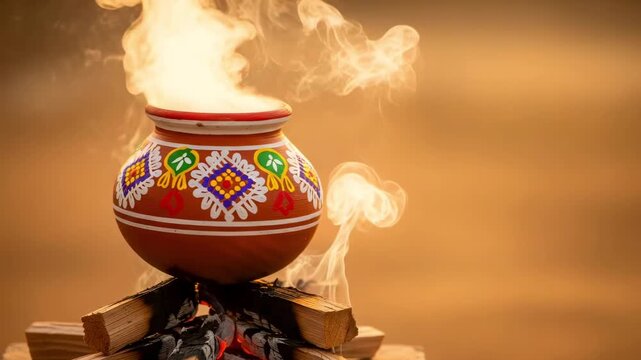 A traditional decorated pongal clay pot steaming on a wood fire in a soft golden sunset background for harvest celebration, makar sankranti and lohri