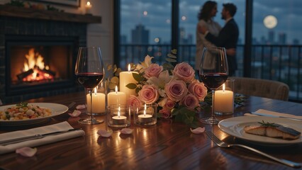 Romantic dinner setting with red wine and candles by a fireplace. Couple celebrating an anniversary on a balcony with a city view at night