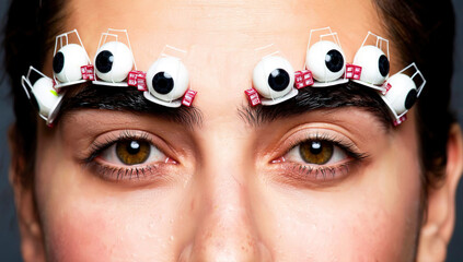 Close-up of a person with multiple cartoon eyes on their eyebrows, playful expression