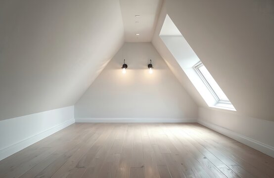 Modern empty attic room with slanted roof and skylight. Natural light illuminates wooden floor and white walls. Two wall lamps provide ambient lighting in the bare space.