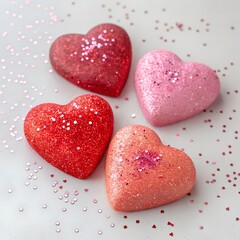 Fototapeta premium Glitter heart shapes in red and pink colors on white background, love and Valentine’s Day decoration concept, February 14 Valentine’s Day.