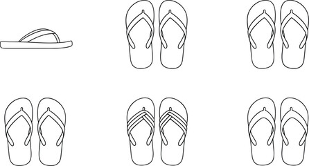 Flip flops line art vector set minimal sandals outline icons summer footwear collection isolated on white background for designers brands