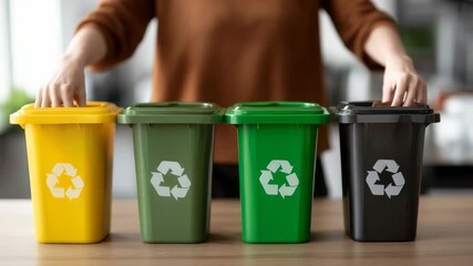 Closeup of hands separating trash into recycling bins, promoting sustainability and environmental awareness. The scene highlights responsible waste management at home - Powered by Adobe