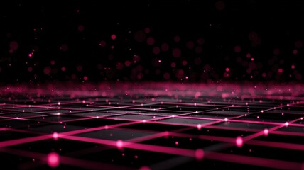 Futuristic Pink Grid with Glowing Particles on Dark Background, Technology and Science Illustration