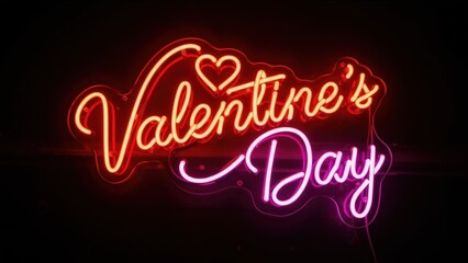 Glowing Valentine's Day neon sign. Romantic red and pink illuminated lettering with a heart on a black background. Holiday love concept