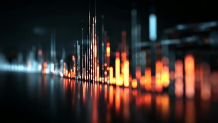 Dynamic 3D audio waveform with illuminated vertical bars in orange and white hues, reflecting on a glossy surface. Perfect for illustrating innovation, sound technology, and digital analytics concepts - Powered by Adobe