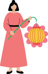 Women's Day Illustration of Woman in Pink Dress Holding Flower Lantern for Celebration