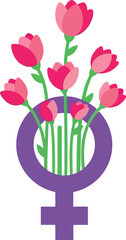 Women's Day Symbol with Pink Flowers, Feminine Empowerment Floral Vector Illustration