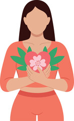 International Womens Day Illustration &ndash; Woman Holding Heart with Flower and Leaves, Empowerment Concept
